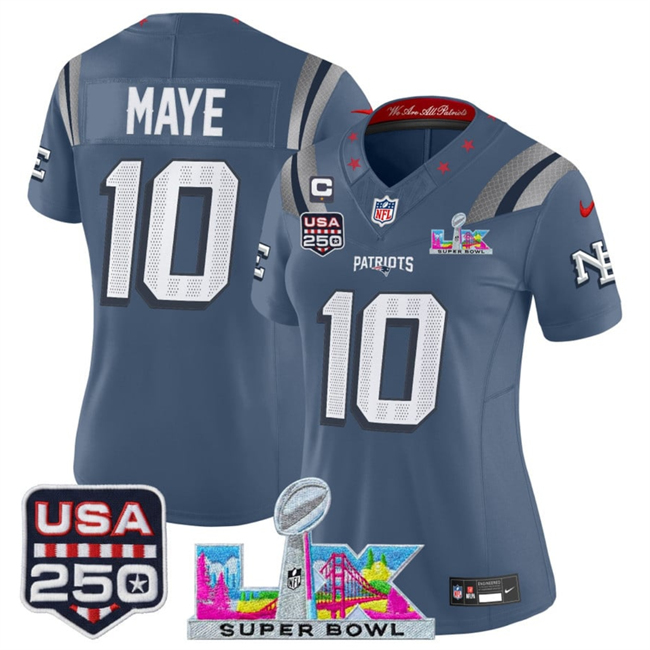Women's New England Patriots #10 Drake Maye Storm Blue 2025 F.U.S.E. 1-Star C Patch And Super Bowl LX Patch & USA 250' Patch “Rivalries” Vapor Limited Football Stitched Jersey(Run Small)